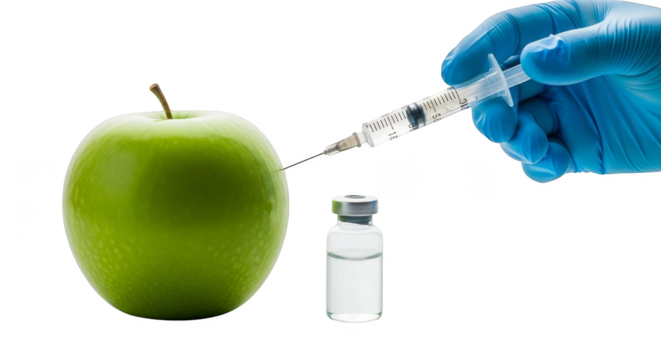 Injected apple with a gloved hand