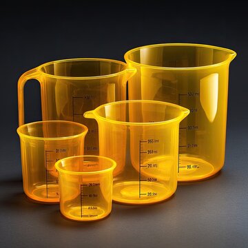 Four clear, amber-tinted plastic measuring cups and jugs