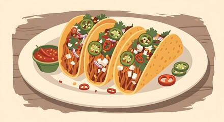 Three Mexican Tacos Illustration with Spicy Toppings and Salsa. Hand-drawn Food Art.