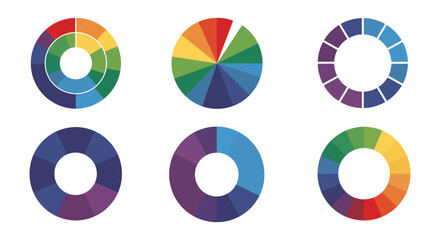 Obraz premium A set of six colorful pie charts in different styles and layouts