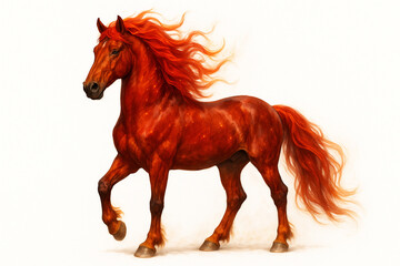 Obraz premium Red Fire Horse, realistic detailed illustration with fiery mane and glowing accents, majestic and powerful stance, isolated on white background, zodiac animal symbol of 2026