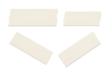 Four pieces of white masking or adhesive tape are displayed on a transparent background, ready for your creative projects