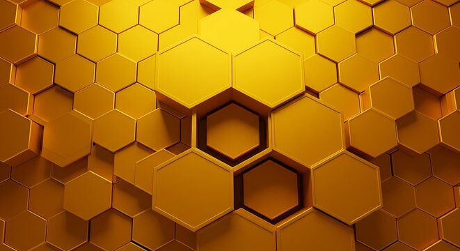Futuristic abstract background featuring a 3D golden honeycomb pattern with extruded hexagons and a contrasting central cell, creating a sense of depth and technology - Powered by Adobe