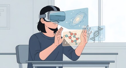 Student in VR headset exploring science concepts: virtual galaxy, molecules, and DNA for immersive education