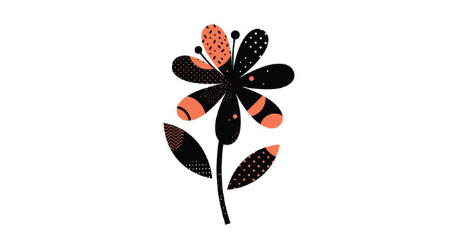 A stylized illustration of a flower with black pink and yellow petals and leaves