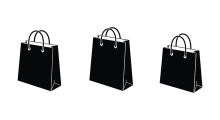 Three black shopping bags with handles on a white background