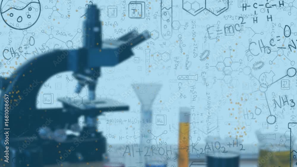 Poster mathematical equations floating over close up of microscope and test tubes at laboratory