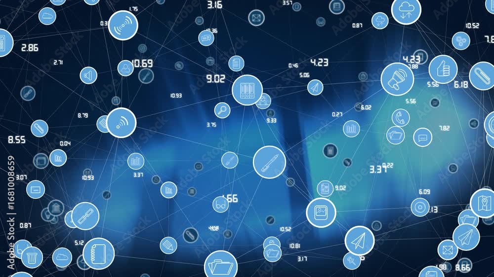 Aufkleber digital animation of network of digital icons over abstract square shapes against blue background