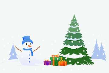 a cheerful snowman stands beside a pine tree with gifts