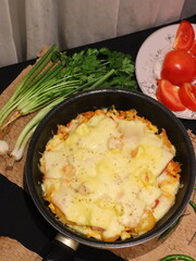 Double cheese pineapple pizza served in a hot pan, rich, cheesy, and delicious with a tropical twist.