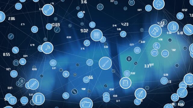 Digital animation of network of digital icons over abstract square shapes against blue background - Powered by Adobe