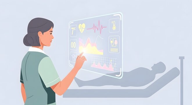 Healthcare professional monitoring patient vitals on futuristic holographic display. Digital health technology in modern medical care.