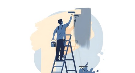Man Painting Wall with Roller on Ladder for Home Renovation