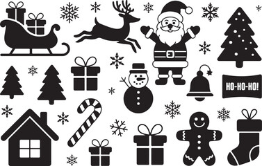 A collection of Christmas decorations featuring classic holiday elements such as ornaments, bells, stars, snowflakes, holly leaves, baubles, ribbons, and festive garlands