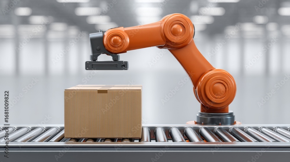 Poster robotic arm placing box on conveyor belt in warehouse environment showcasing automation and efficien