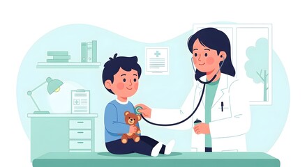 Pediatrician examining young boy with stethoscope during medical check-up. Child healthcare and doctor visit in clinic.