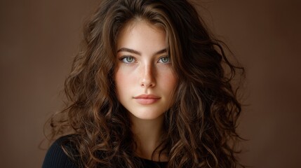 Naklejka premium Captivating portrait of a young woman with curly hair and striking blue eyes, showcasing natural beauty against a warm background in soft lighting