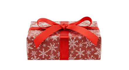 Red gift box with snowflakes and a big red ribbon bow.
