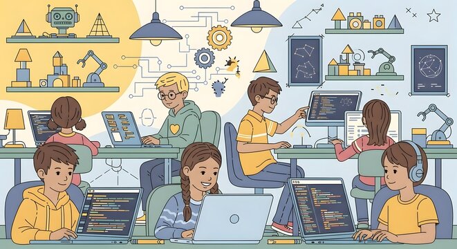 Diverse Kids Learning Coding & Robotics in STEM Class. Young Students Engaged in Programming and Technology Education.