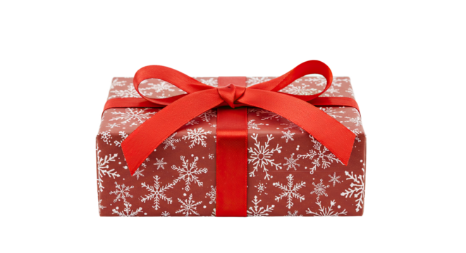 Red gift box with snowflakes and a big red ribbon bow.