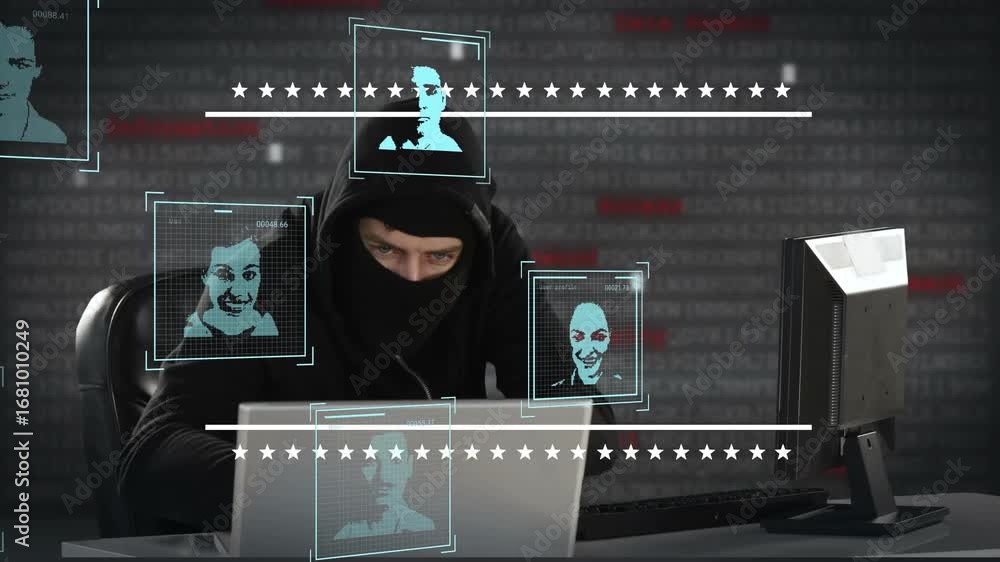 Poster multiple changing profile icons with data processing against caucasian male hacker using a laptop