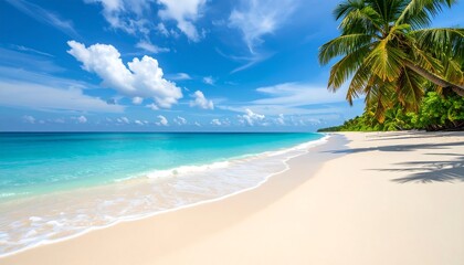 Tropical paradise beach scene. Sparkling turquoise water laps a pristine white sand beach, fringed by lush green palm trees under a vibrant blue sky dotted with fluffy clouds