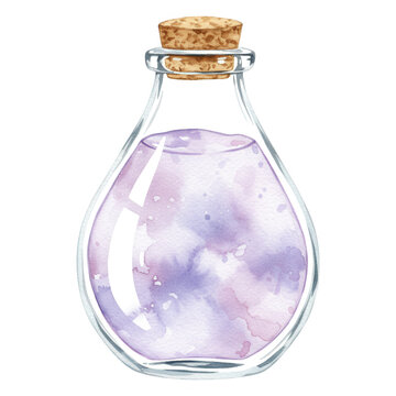 Watercolor potion bottle with purple and pink liquid cork stopper clear glass vessel transparent background