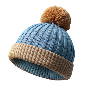 Ciepła, niebieska czapka zimowa z pomponem, izolowana z przezroczystym tłem. Idealny element do projekt&oacute;w graficznych i e-commerce.