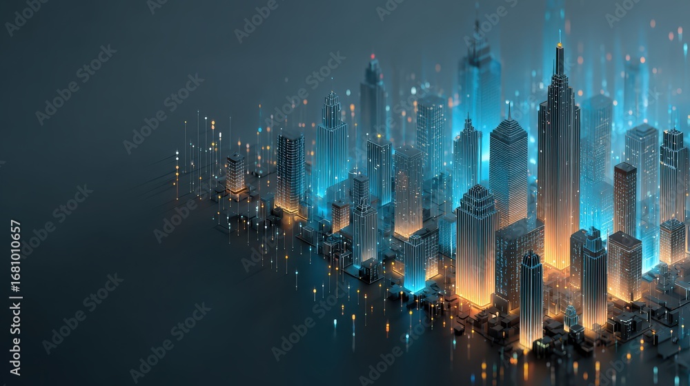 Aufkleber futuristic abstract city skyline illustration with data visualizations and flat design elements for 