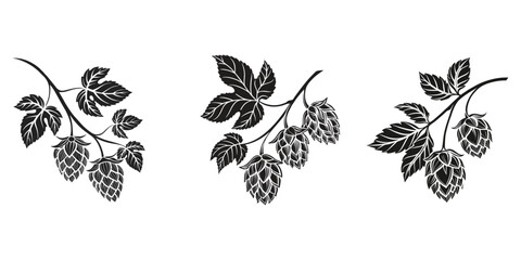 Elegant hop design. Two hops in a heart shape, framed by stylized leaves and sprigs, Hop icon, black silhouette isolated on white background. Branch of hop with cones and leaves. Vector clipart