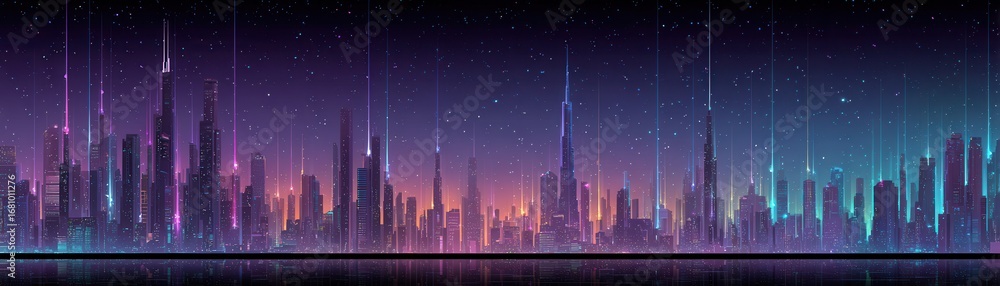 Poster futuristic abstract city skyline design with glowing elements and data visualization aesthetic