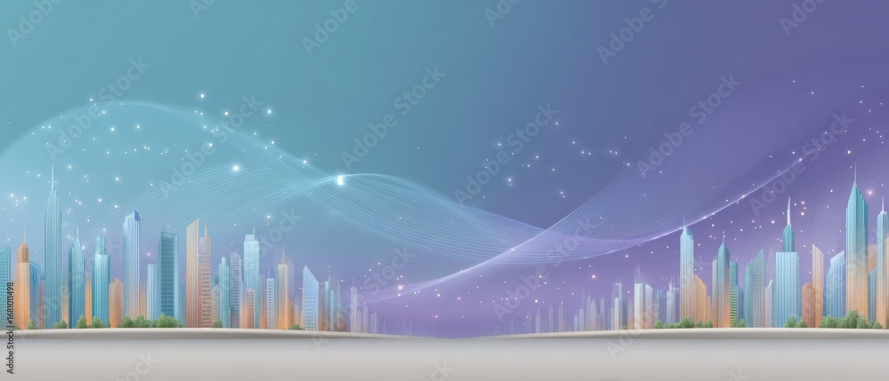 Aufkleber futuristic abstract city skyline with glowing data visualization elements in digital flat design sty