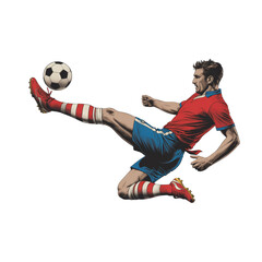 Soccer player kicking the ball in a dynamic pose isolated on transparent background