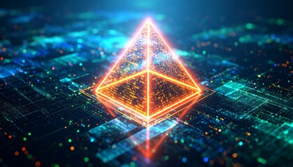 Illuminated Digital Pyramid Floating Above Circuit Board with Glowing Edges