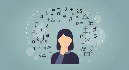 Conceptual Illustration: Person Thinking with Math Symbols & Equations. Intellectual Problem Solving, Education, and Science Concept for Learning &...