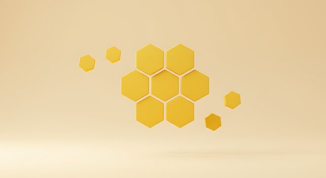 Golden yellow honeycomb structure with floating hexagonal cells, an abstract representation of a digital network, community, and data connection - Powered by Adobe