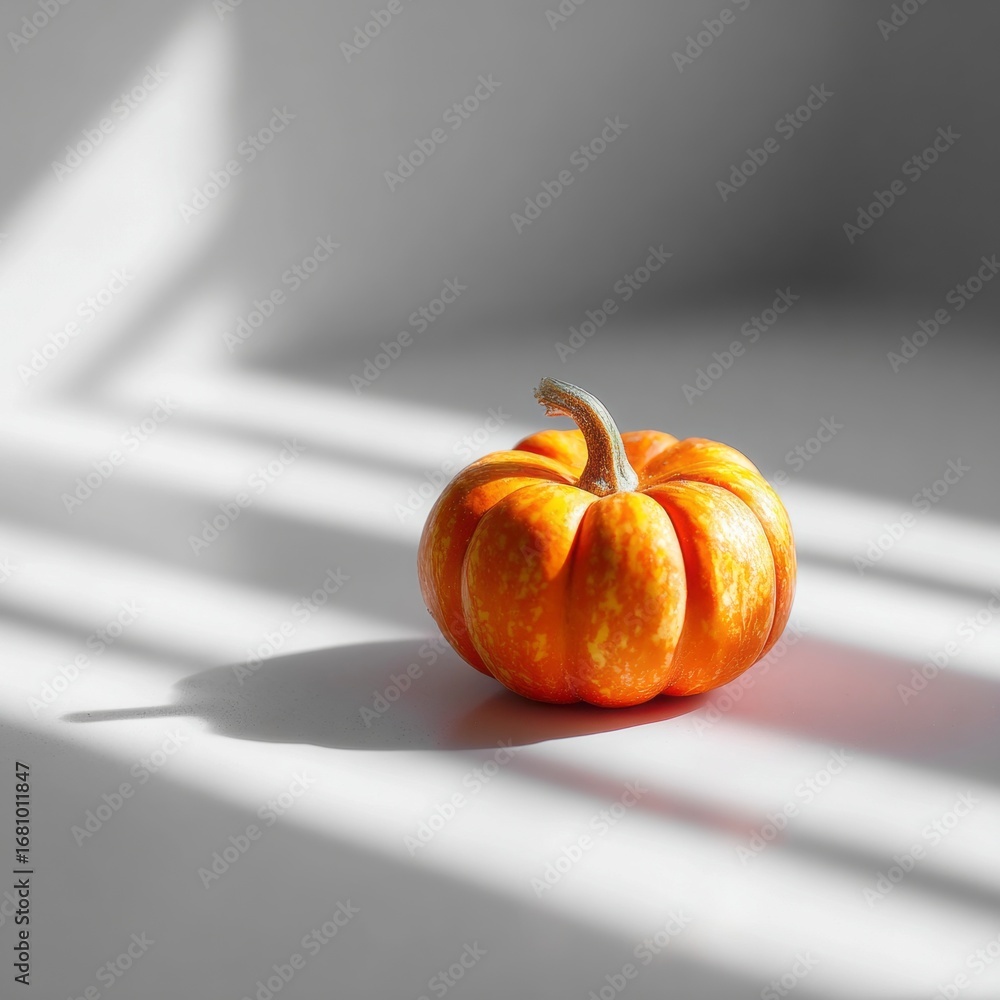 Poster minimal pumpkin resting on a white background illuminated by soft natural light and casting gentle s