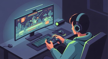 Immersive Gaming Experience: Young Person Playing Video Game on PC with Controller and Headphones in a Dimly Lit Room. Digital Entertainment and Mo...