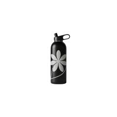 Obraz premium Black metal water bottle with flower design isolated on transparent background