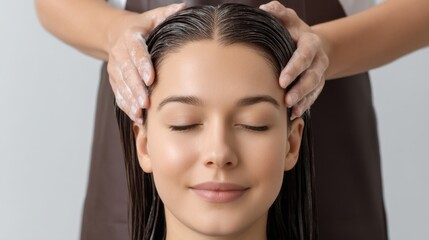 Fototapeta premium Relaxing Scalp Massage with Hair Care Treatment, Woman Enjoys Spa Day Experience in Silvery Atmosphere, Rejuvenating Salon Session for Healthier Hair