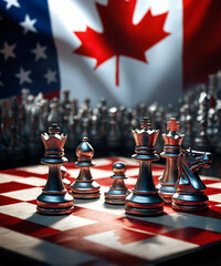 Naklejka premium Chess pieces on a board with american and canadian flags