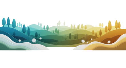 Abstract colorful layered landscape with trees on hills and black background