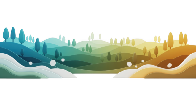 Abstract colorful layered landscape with trees on hills and black background