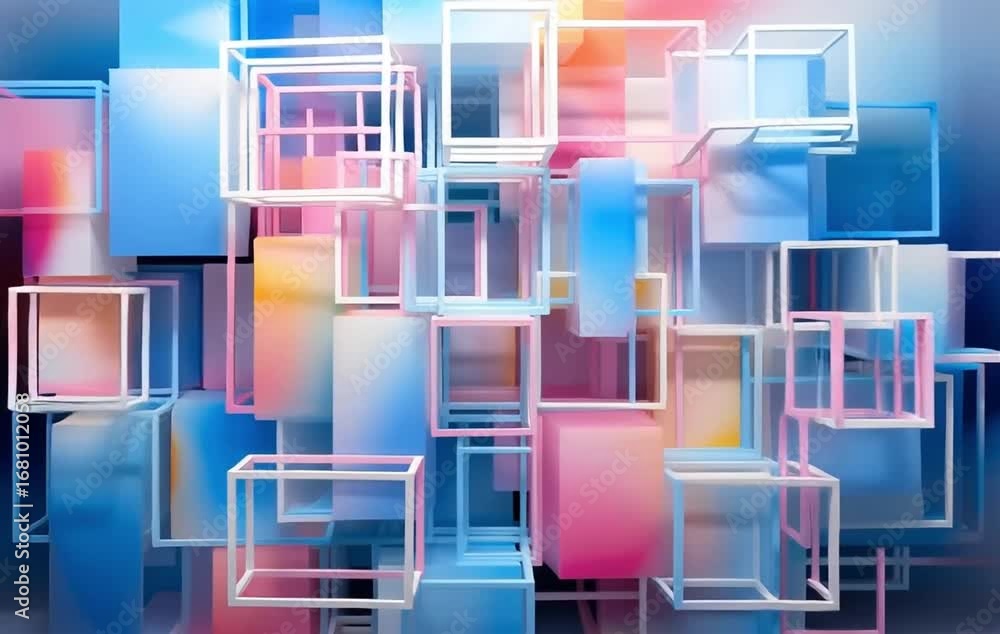 Poster abstract composition of geometric shapes in gradient colors with overlayed transparent frames and 3d