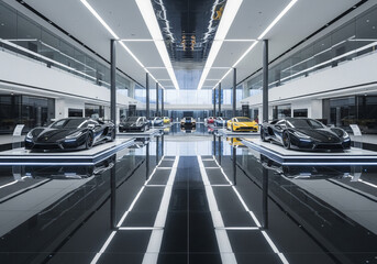 The pinnacle of automotive design and engineering showcased in a stunning, futuristic exhibition hall with reflective floors