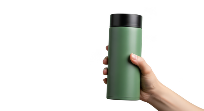 Olive tumbler held in hand against black