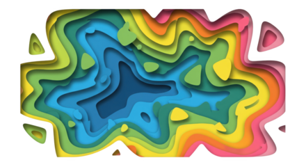 Vibrant multi-layered paper cut topographic design on a stark black backdrop