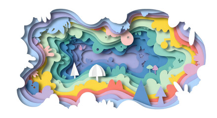 Whimsical layered paper landscape with dreamlike pastel coloration