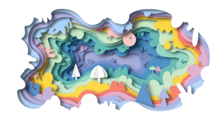 Whimsical layered paper landscape with dreamlike pastel coloration