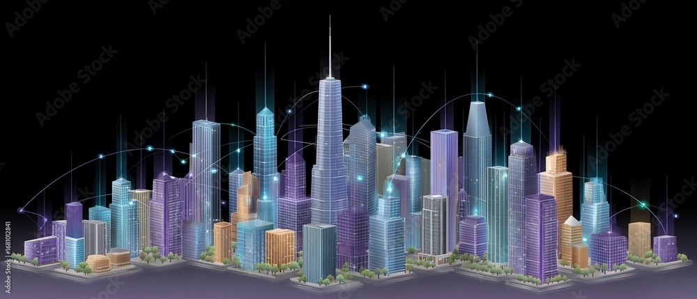 Aufkleber abstract isometric city skyline design with glowing data connections and flat elements for modern vi